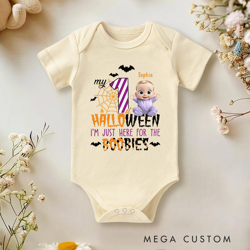 Personalized First Halloween Baby Bodysuit with Cute Character and Fun Message for a Spooky and Adorable Celebration