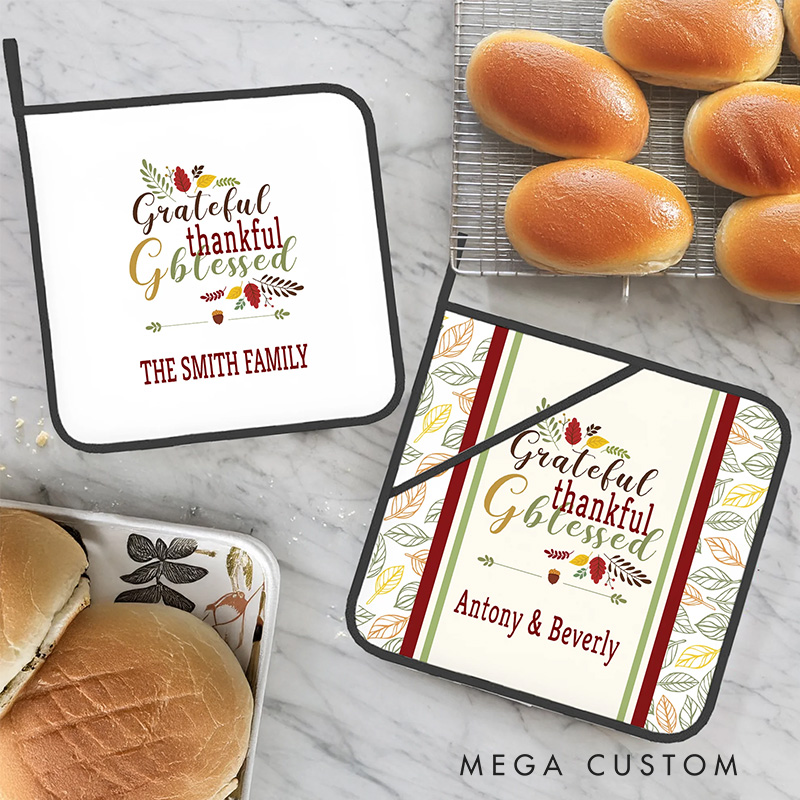 Personalized Thankful and Blessed Pot Holders Pads with Name Set of 2 Baking Cooking Utensil Gift for Family Cooking Enthusiast Baking Lovers Gift