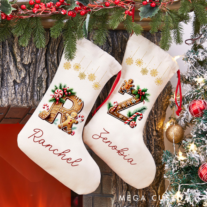 Personalized Gingerbread Alphabet Christmas Stocking with Name Family Name Stocking Cookie Letters Stocking for Kids Christmas Gift for Baking Lovers