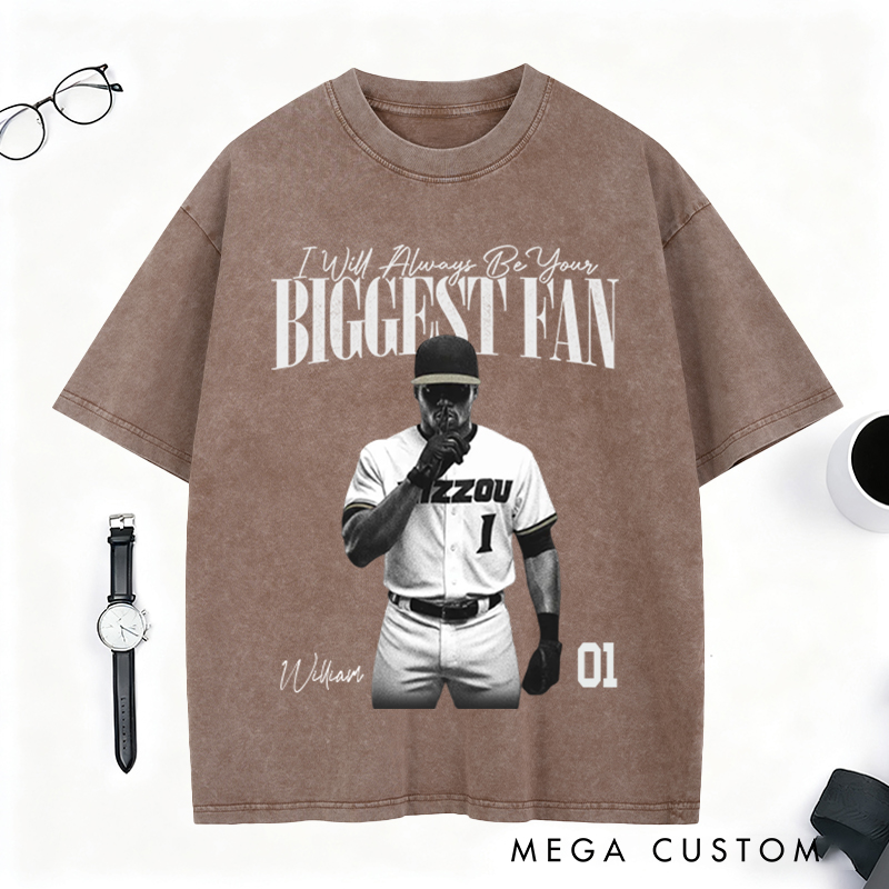 Personalized Biggest Fan Washed T-Shirt with Player Image and Name Customization