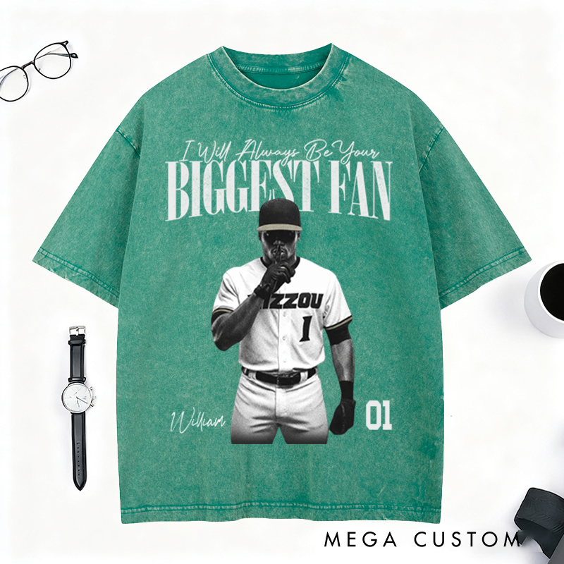 Personalized Biggest Fan Washed T-Shirt with Player Image and Name Customization