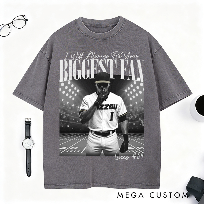 Personalized "I’ll Always Be Your Fan" Baseball Washed T-Shirt with Custom Photo and Name