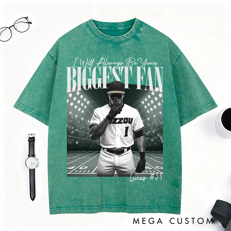 Personalized "I’ll Always Be Your Fan" Baseball Washed T-Shirt with Custom Photo and Name