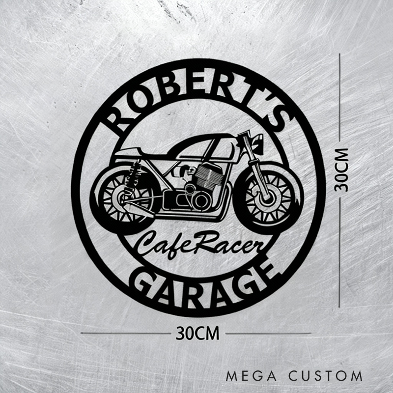 Personalized Cafe Racer Garage Metal Sign Custom Round Motorcycle Wall Art with Name Biker Workshop Decor Gift for Motorcycle Racer and Motorbike Lovers