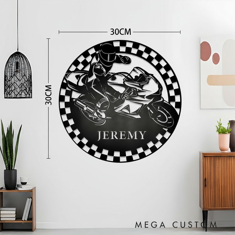 Personalized Motorcycle Racing Metal Sign Custom Name Round Wall Art Biker Garage Decor Gift for Racers and Motorcycle Lovers