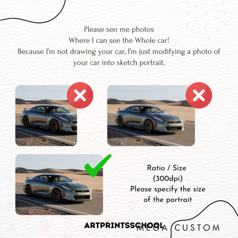 Personalized Custom Sketch Car Portrait Art Print Gift for Racing Lovers