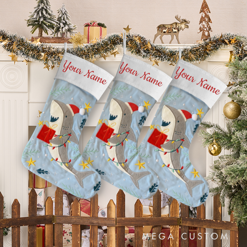 Personalized Shark Christmas Stocking Fishing Themed Holiday Decor Funny Gift for Fishing Enthusiasts and Ocean Lovers