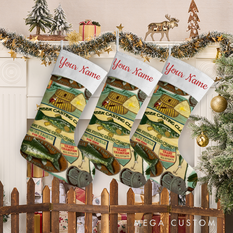 Personalized Fishing Christmas Stocking Fisherman Christmas stocking Holiday Decor with Vintage Fishing Design Perfect Gift for Fishing Enthusiasts