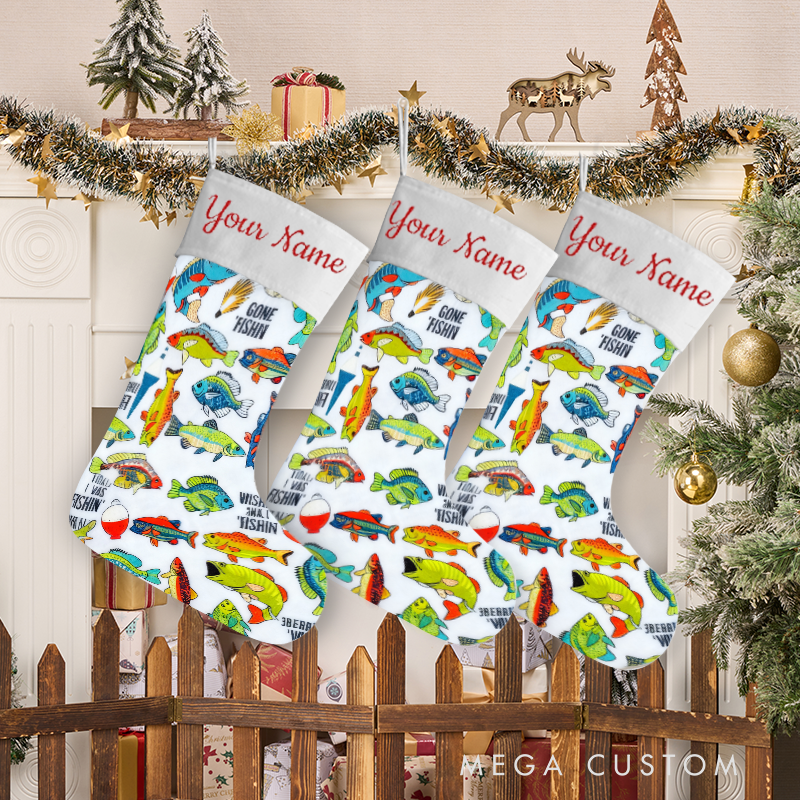 Personalized Fishing Christmas Stocking Wishing I was fishin Christmas Stocking Holiday Decor with Colorful Fish Design Perfect Gift for Fishing Lovers
