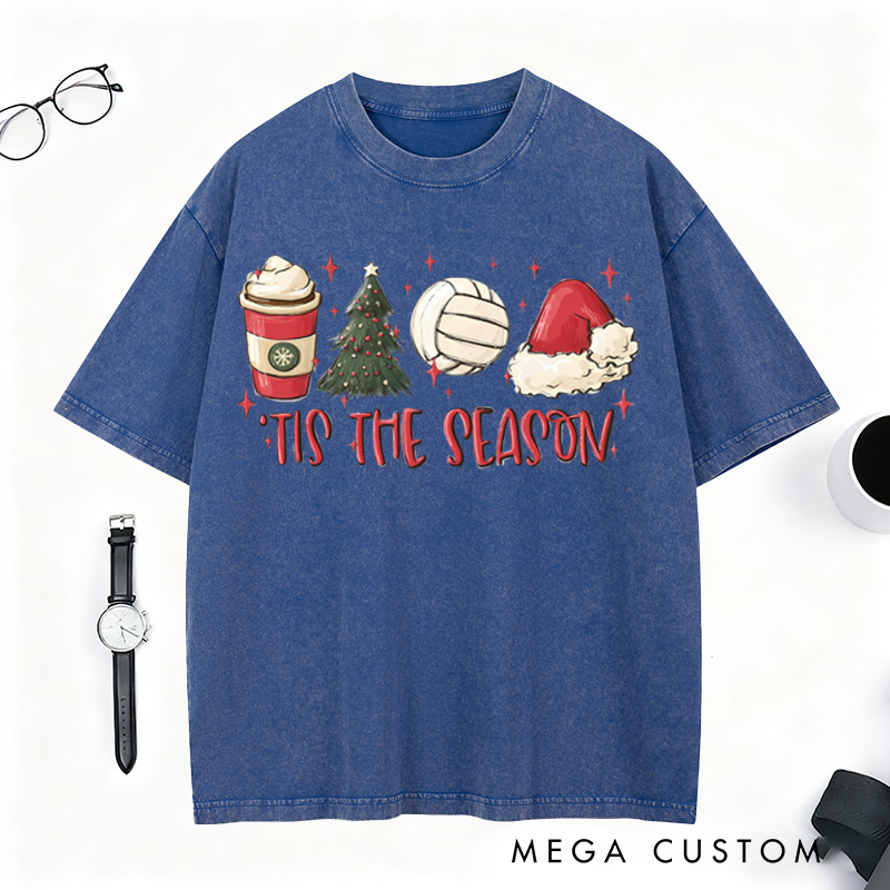 Personalized Washed T-Shirt – Festive Volleyball Design with Holiday Elements