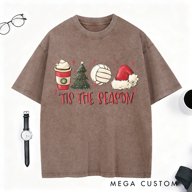 Personalized Washed T-Shirt – Festive Volleyball Design with Holiday Elements