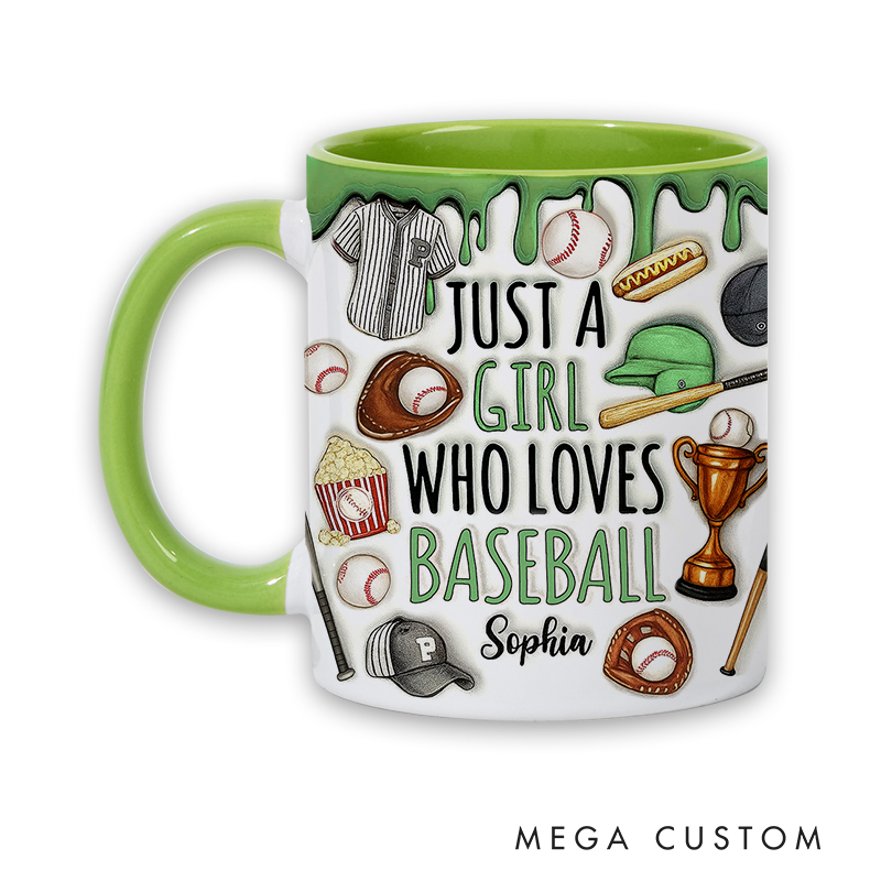 Personalized Baseball Lover’s Mug with "Just a Girl Who Loves Baseball" Design and Custom Name