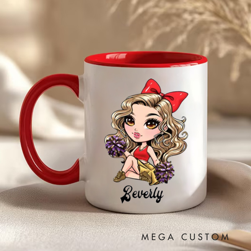 Personalized Cheerleader Mug with Custom Name and Cute Cartoon Design