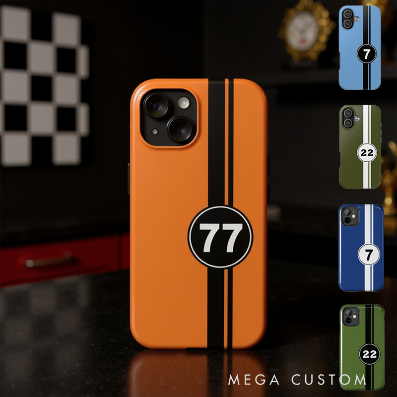 Personalized Racing Number Phone Case Custom Orange Stripe Design for Racers and Racing Lovers