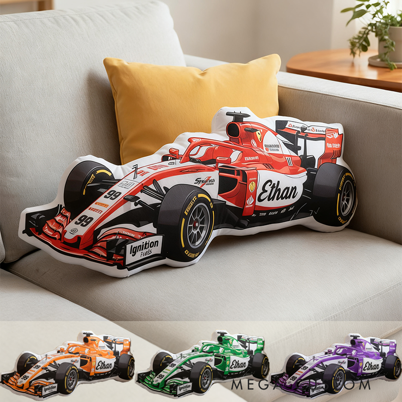 Personalized Race Car Shaped Throw Pillow Custom Name and Color Decorative Cushion Gift for Car Lovers and Racers