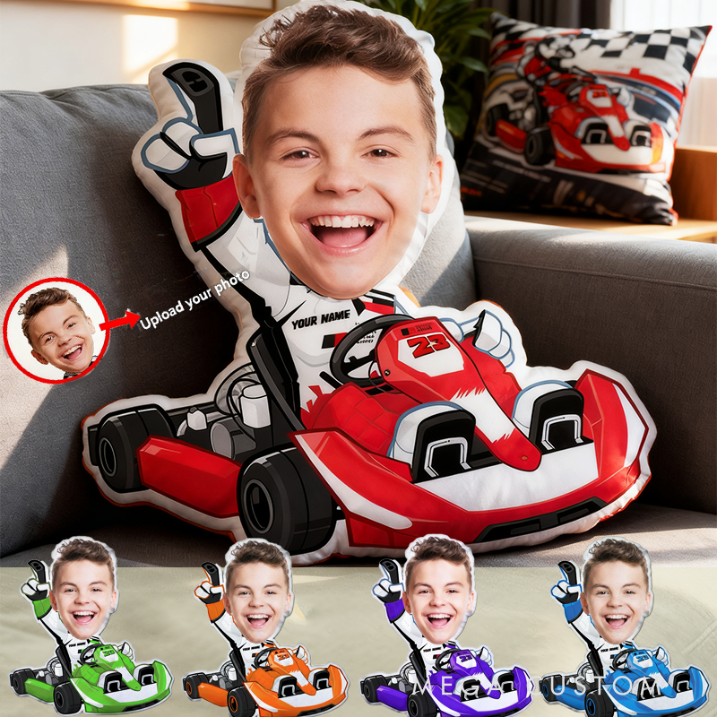 Personalized Kart Racing Custom Face Pillow Custom Name and Color Race Car Driver Shaped Cushion Gift for Kids and Car Lovers