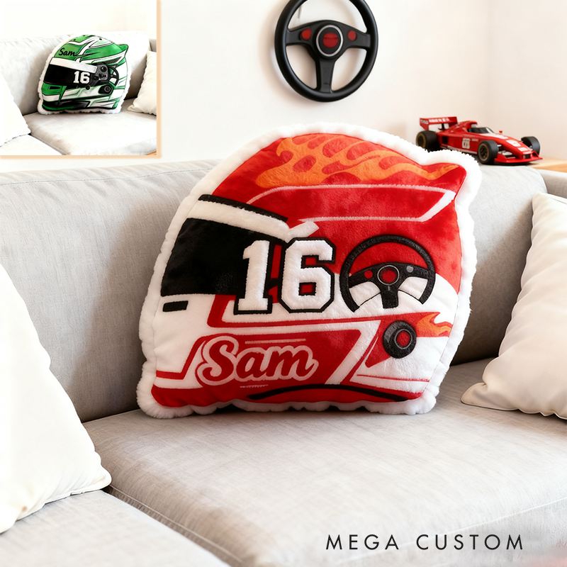 Personalized Racing Helmet Shaped Pillow Custom Name Race Car Design Cushion Gift for Motorsports and Racing Lovers
