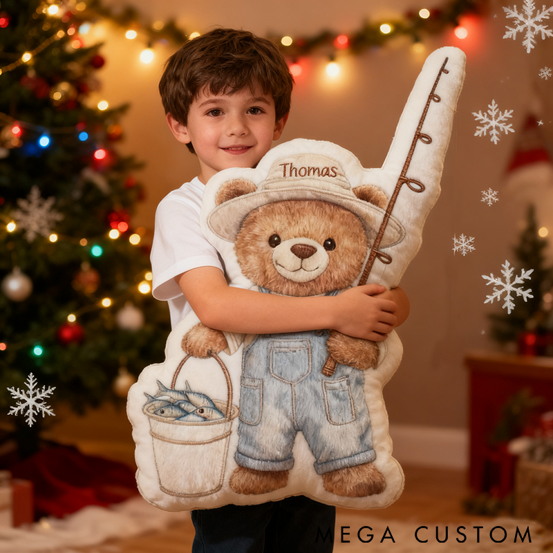 Personalized Fishing Bear Plush Pillow Funny Fishing Pillow Custom Gift for Kids Fisherman Design Custom Name Perfect for Fishing Lovers