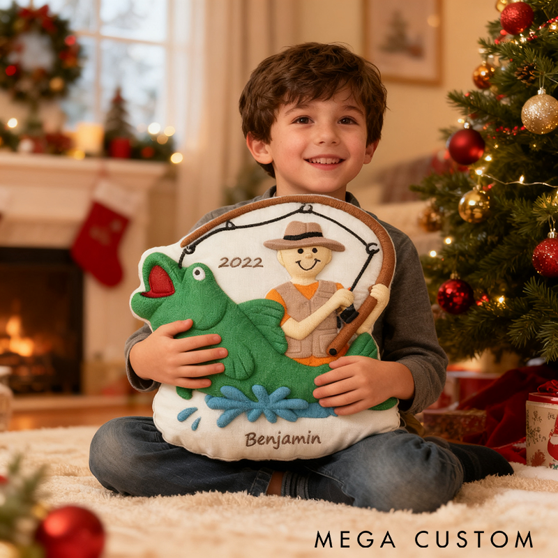 Personalized Fishing Pillow Name Gift for Kids Soft Plush with Fisherman and Fish Design Perfect for Fishing Enthusiasts and Holidays