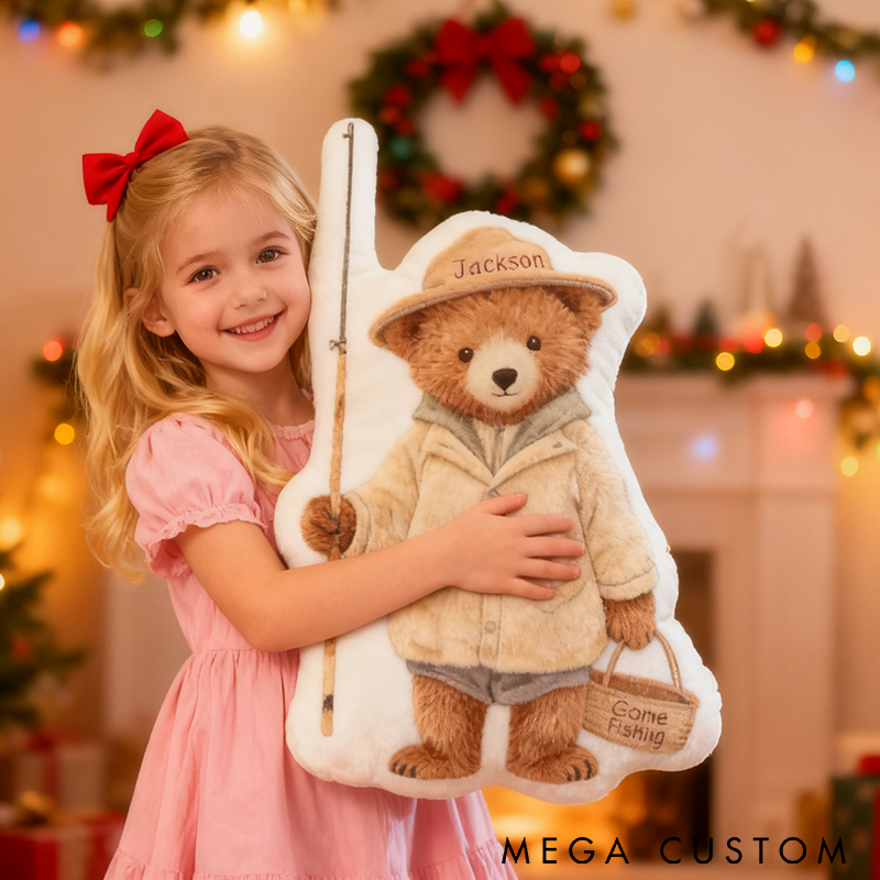 Personalized Fishing Teddy Bear Pillow Funny Fishing Pillow Custom Name Pillow Perfect Gift for Fishing Lovers and Little Anglers