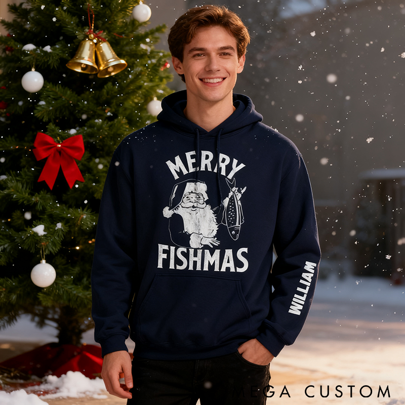 Personalized Merry Fishmas Hoodie Custom Name Hoodie Funny Fishing Sweatshirt Perfect Gift for Fishing Enthusiasts