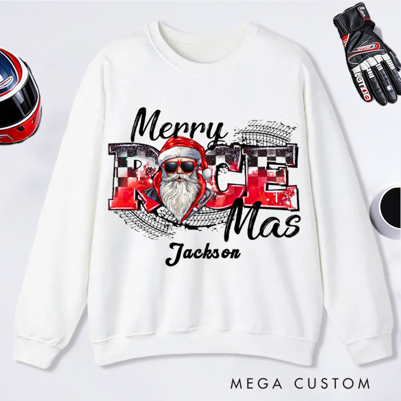 Personalized Merry Race Mas Sweatshirt Custom Name Racing Santa Christmas Pullover Gift for Racers and Racing Lovers