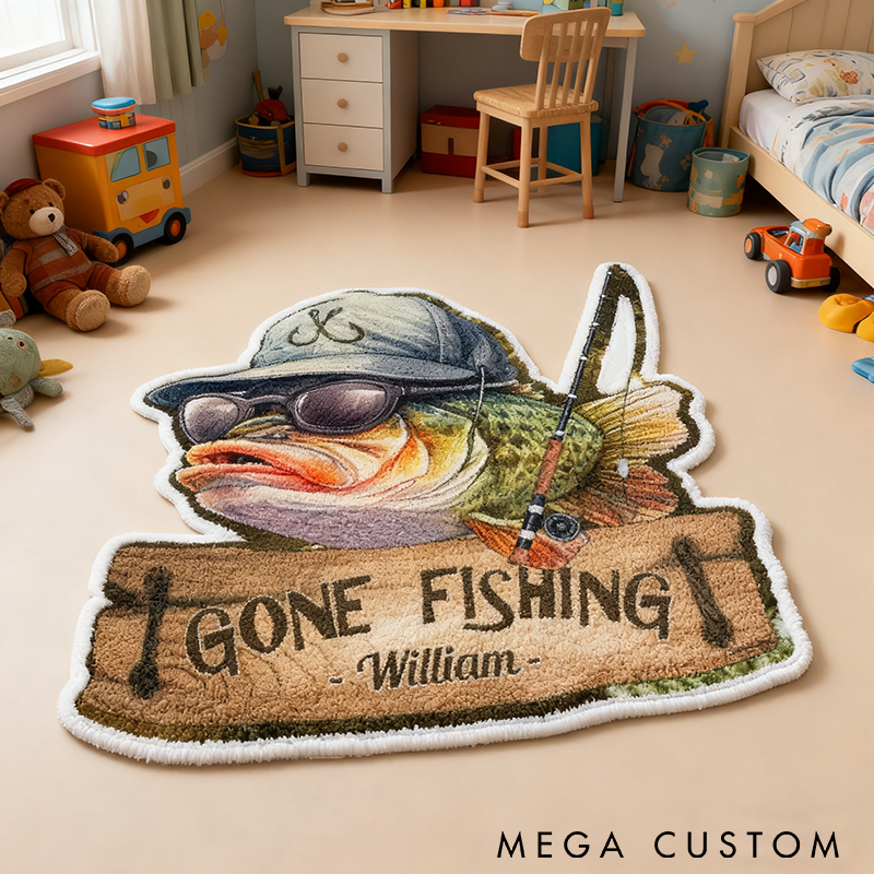 Personalized Gone Fishing Rug Custom Name Fish-Shaped Carpet for Kids Room or Fishing Lovers Graphic 3D Print Funny and Unique Home Decor Gift 