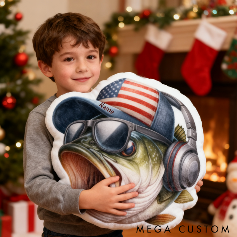 Personalized Fishing Pillow Funny Fishing Pillow Custom Name Funny Fish Design with Flag Hat and Headphones Perfect Gift for Kids and Fishing Enthusiasts