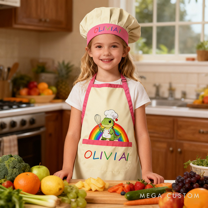 Personalized Rainbow Dinosaur Adjustable Kid Apron Chef Hat Set with Pocket and Name for Cooking Baking Birthday Holiday Gift for Kids