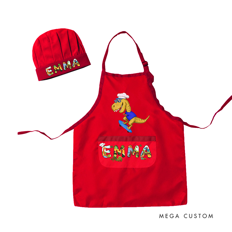 Personalized Dinosaur Chef Adventure Adjustable Kid Apron Chef Hat Set with Pocket and Name for Cooking Baking Birthday Holiday Gift for Kids