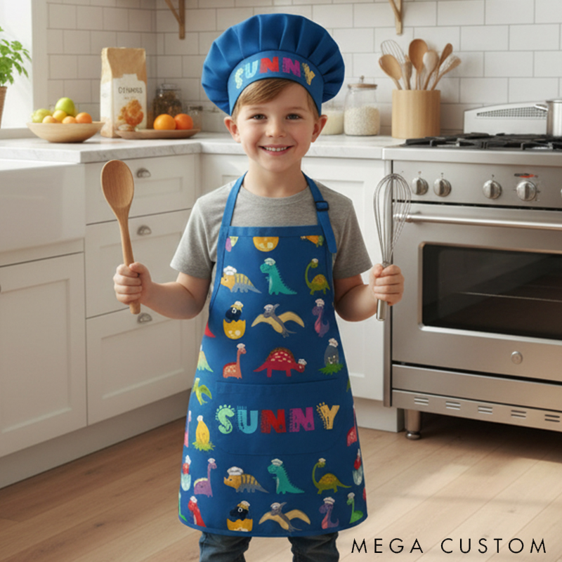 Personalized Fun Cartoon Dinosaur Adjustable Kid Apron Chef Hat Set with Pocket and Name for Cooking Baking Birthday Holiday Gift for Kids
