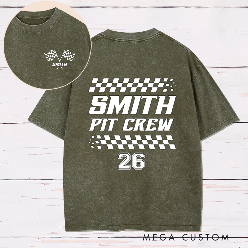Personalized Racing Pit Crew Washed T‑Shirt Custom Name and Number Retro Vintage Racing Tee Car Lover Gift Matching Team Shirt