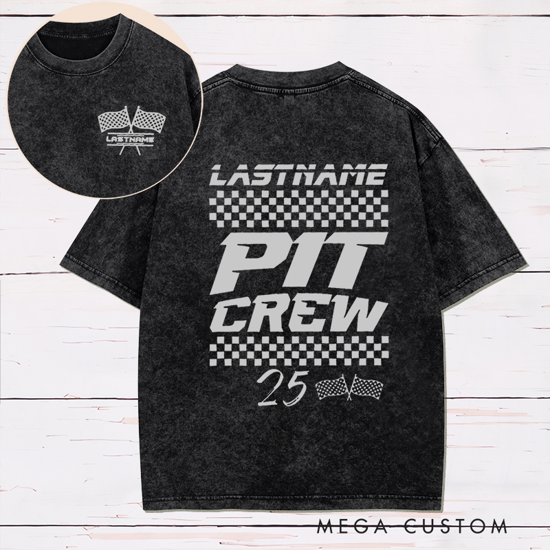 Personalized Racing Pit Crew Washed T‑Shirt Custom Name and Number Two‑Sided Race Team Shirt Family Support Crew Outfit