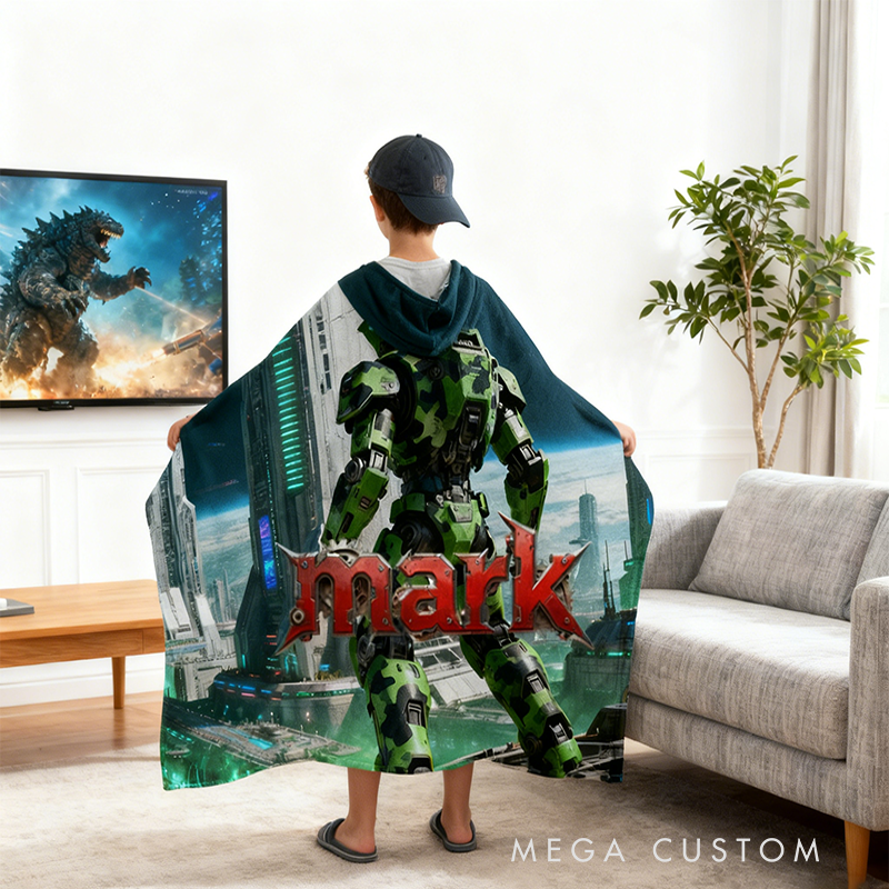 Personalized Robot Print Wearable Blanket Hoodie Custom Name and Photo Cozy Gift for Kids