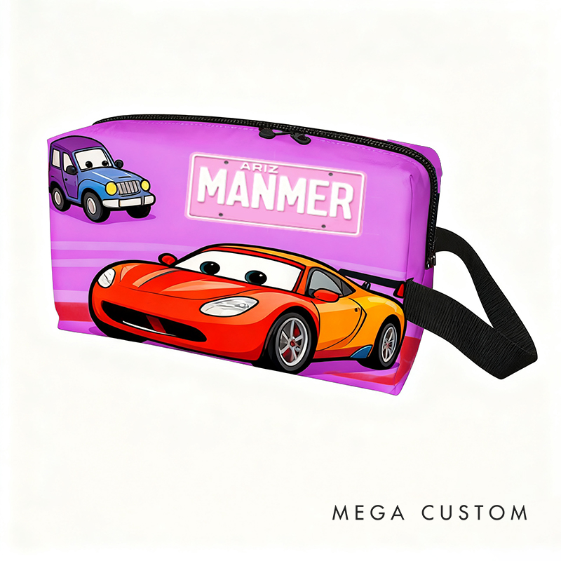 Personalized Cartoon Car Toiletry Bag with Custom Name Gift for Kids Cartoon Collectors