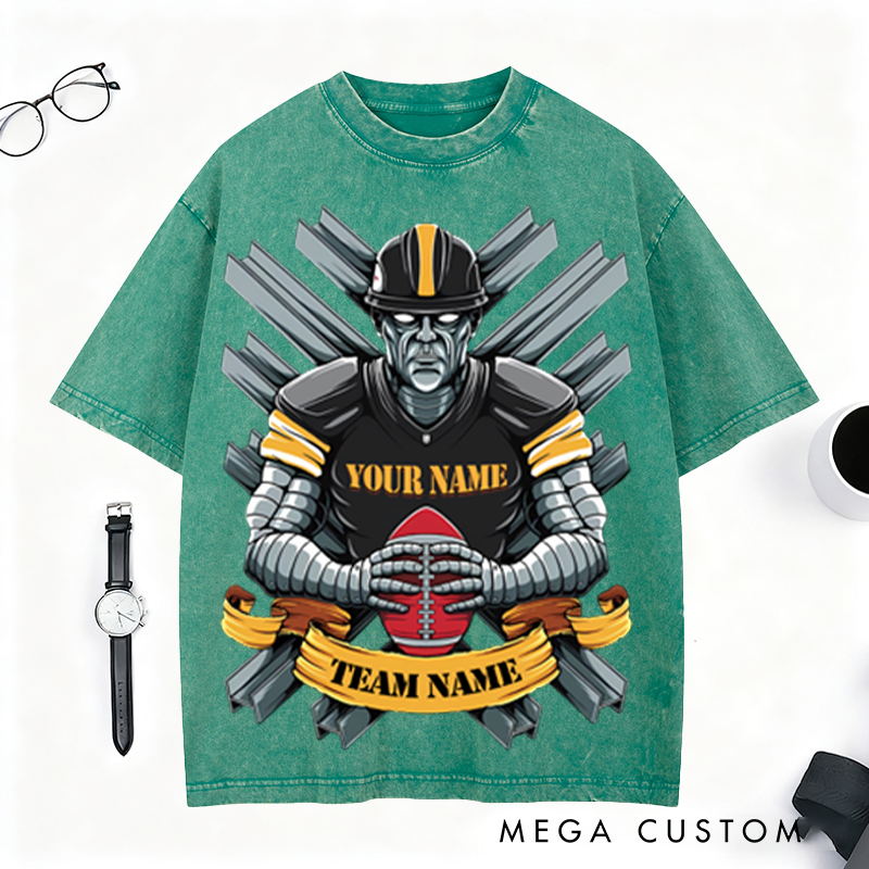 Personalized Steel Warrior Football T-Shirt with Custom Team and Player Name