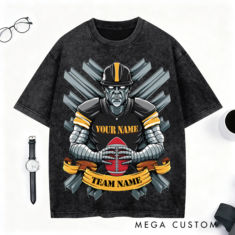 Personalized Steel Warrior Football T-Shirt with Custom Team and Player Name