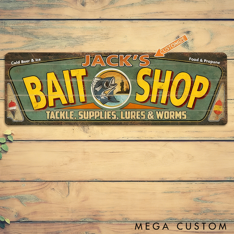 Personalized Vintage Bait Shop Sign Fishing Tackle and Lure Design Custom Name Perfect Wall Decor for Fishing Lovers and Shops