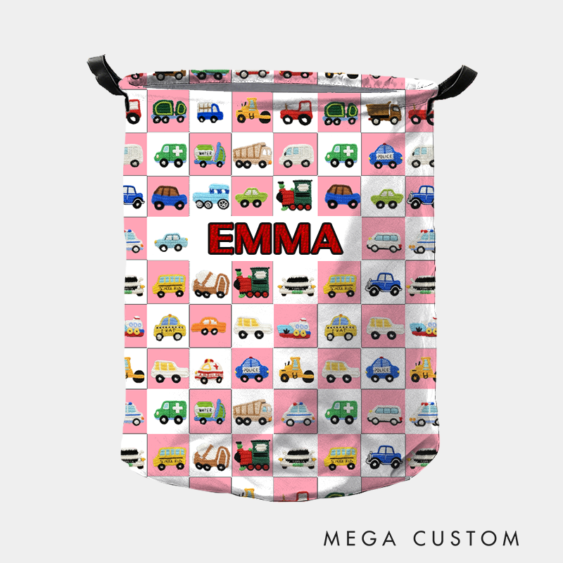 Personalized Cute Car Plaid Print Large Waterproof Laundry Storage Basket with Handle Custom Name Gift for Kids