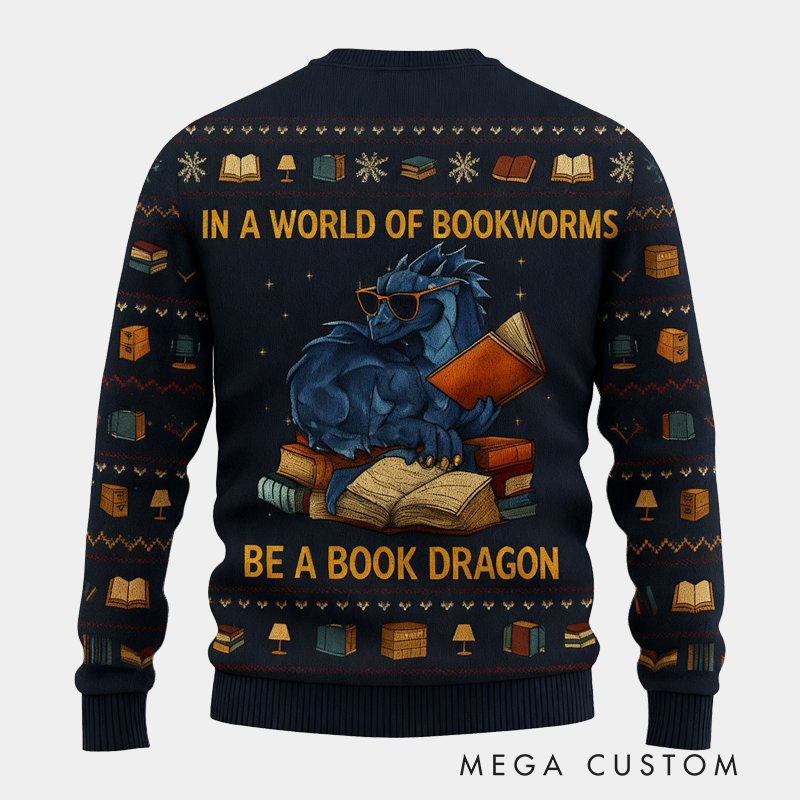 Personalized Funny Dinosaur Reading Ugly Christmas Sweater Gift for Librarians 