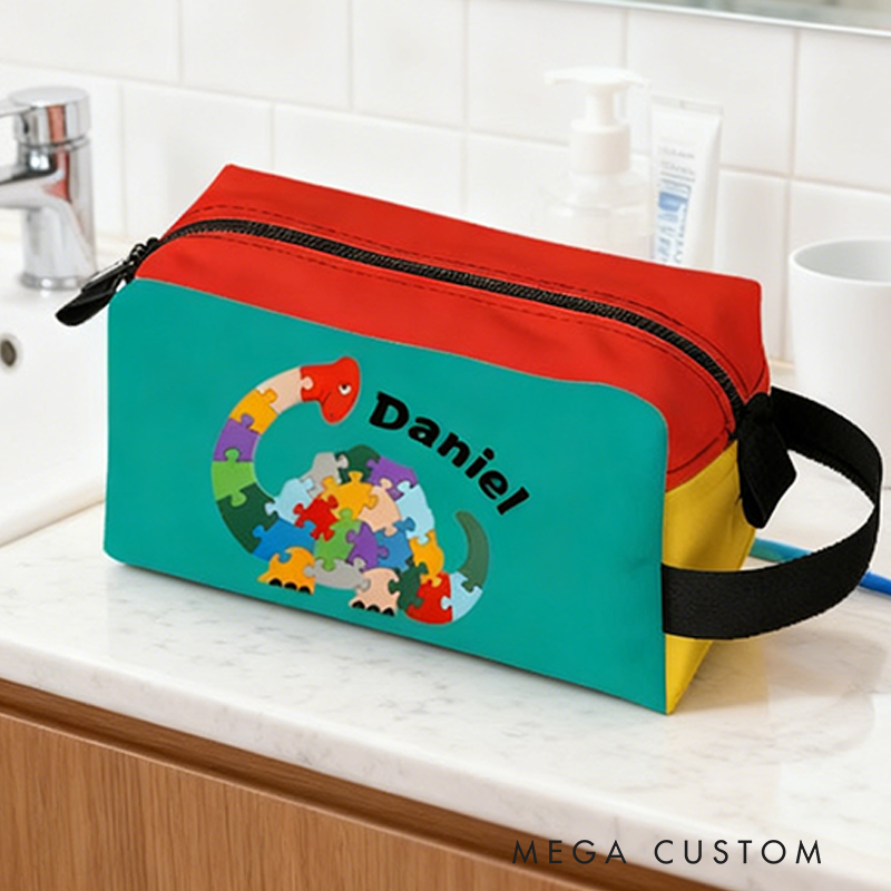 Personalized Cartoon Snail Dinosaur Puzzle Pattern Toiletry Bag Custom Name for Kids Travel Gifts and Daily Use