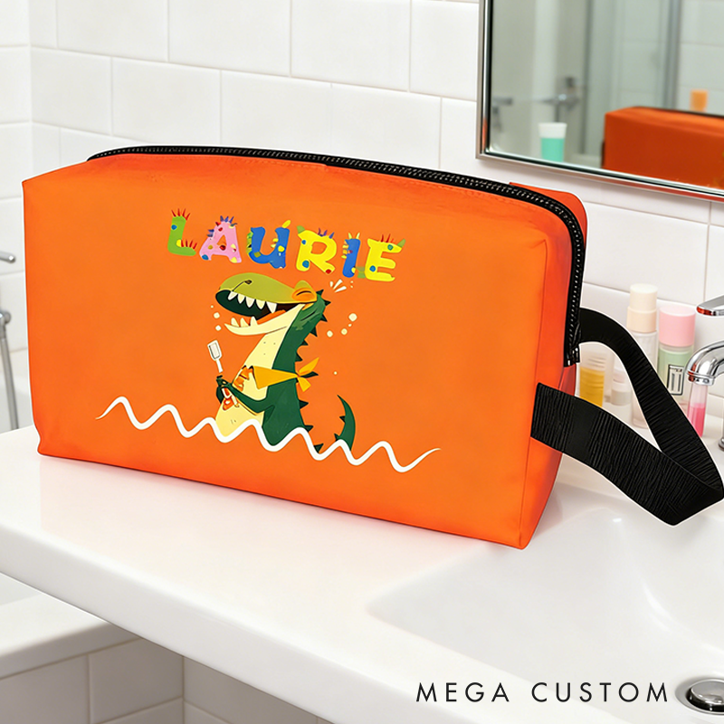 Personalized Fun Cartoon Dinosaur Brushing Teeth Print Toiletry Bag Custom Name for Kids Travel Gifts and Daily Use