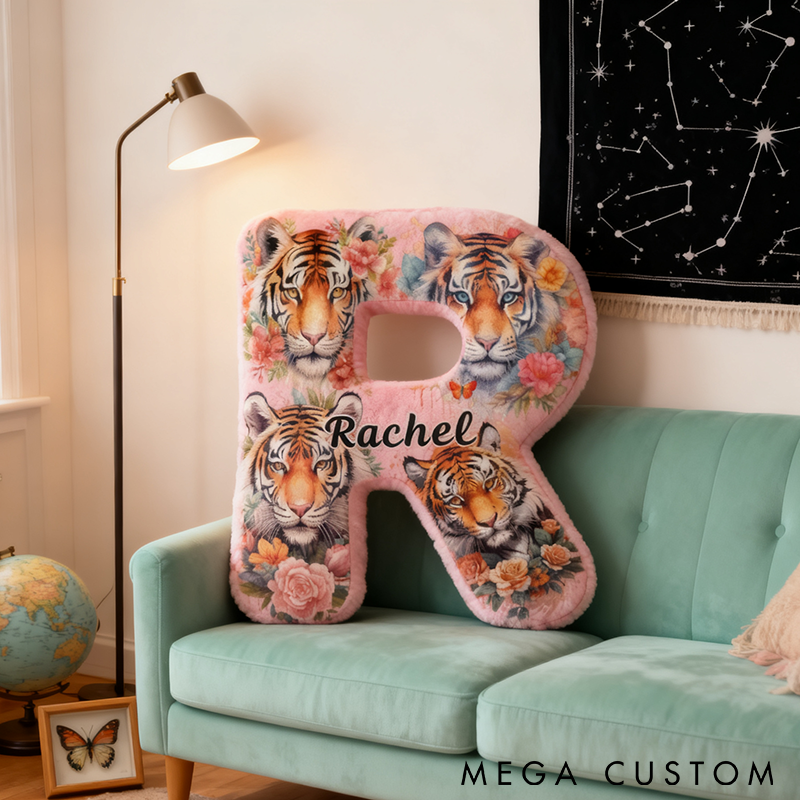 Personalized Tiger Letter Pillow Soft Plush Nature Adventure Design Custom Name Graphic 3D Print Perfect for Wildlife Enthusiasts and Unique Home Decor