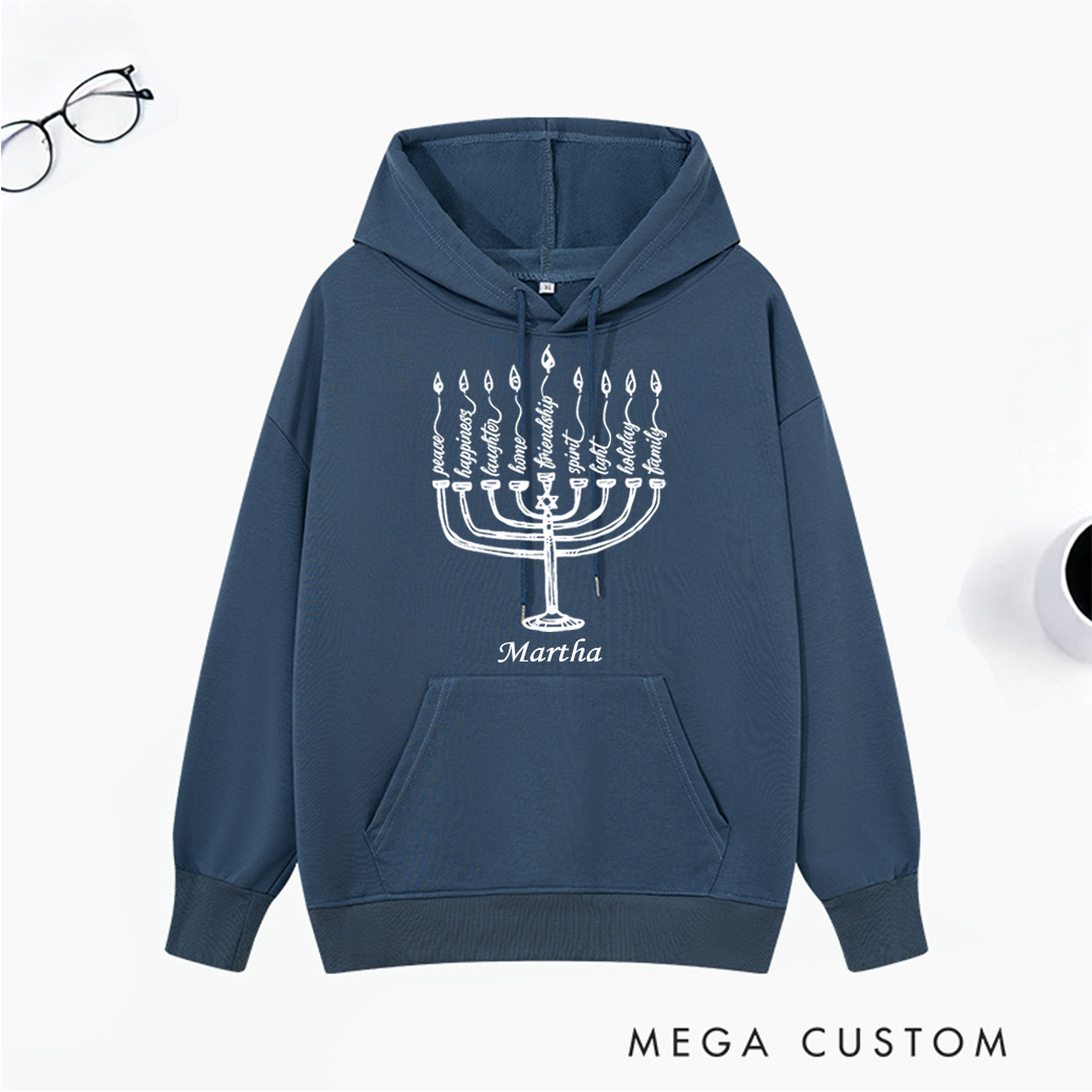 Personalized Peace Laughter Hanukkah Classic Hoodies with Name Unisex Hoodies Religious Gift Happy Hanukkah Gift for Jewish People