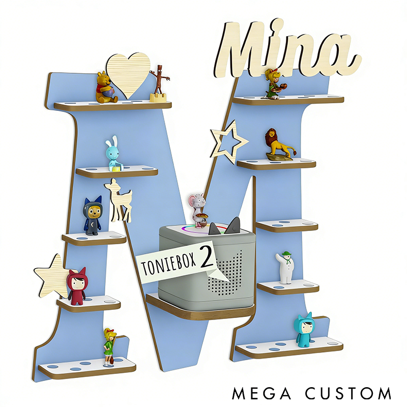 Personalized Letter Shelf for Toniebox Storage Tonie Shelf Wall Shelf for Tonie Figures Custom Name Display Wooden Organizer for Figures Kids' Room Decor with Charging Slot