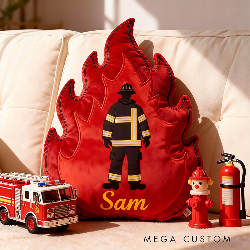 Personalized Firefighter Flame Pillow Custom Name and Color Fire Shape Cushion Gift for Firefighter Families
