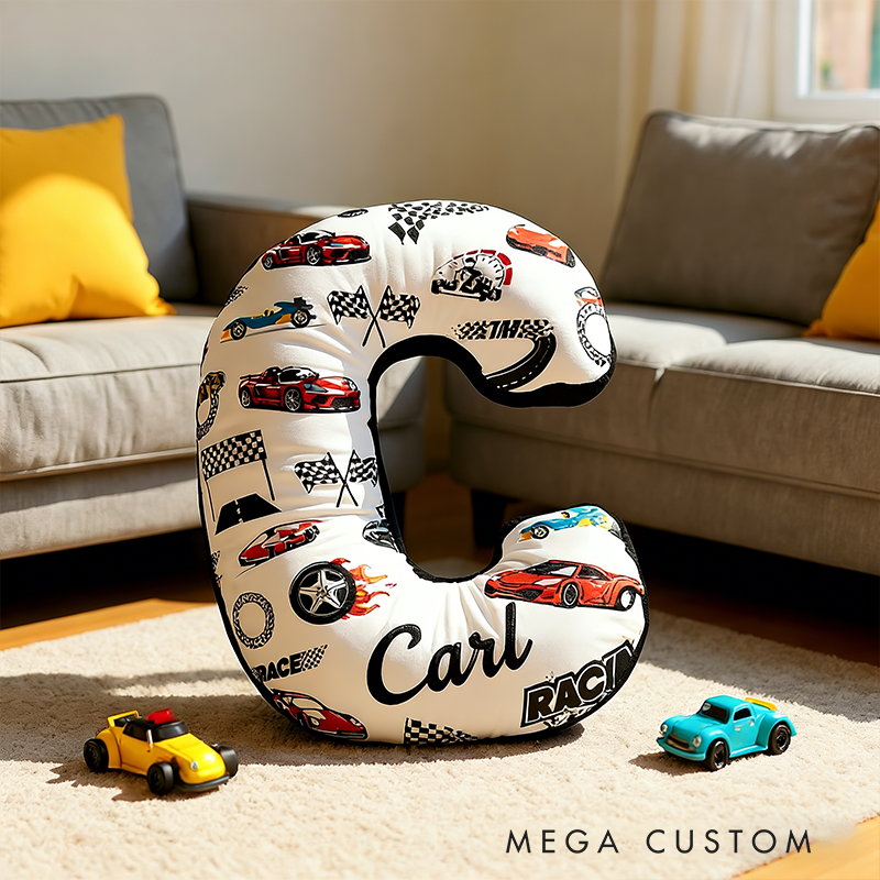 Personalized Racing Letter Pillow 3D Graphic Print Custom Name Alphabet Cushion with Stacked Racing Elements