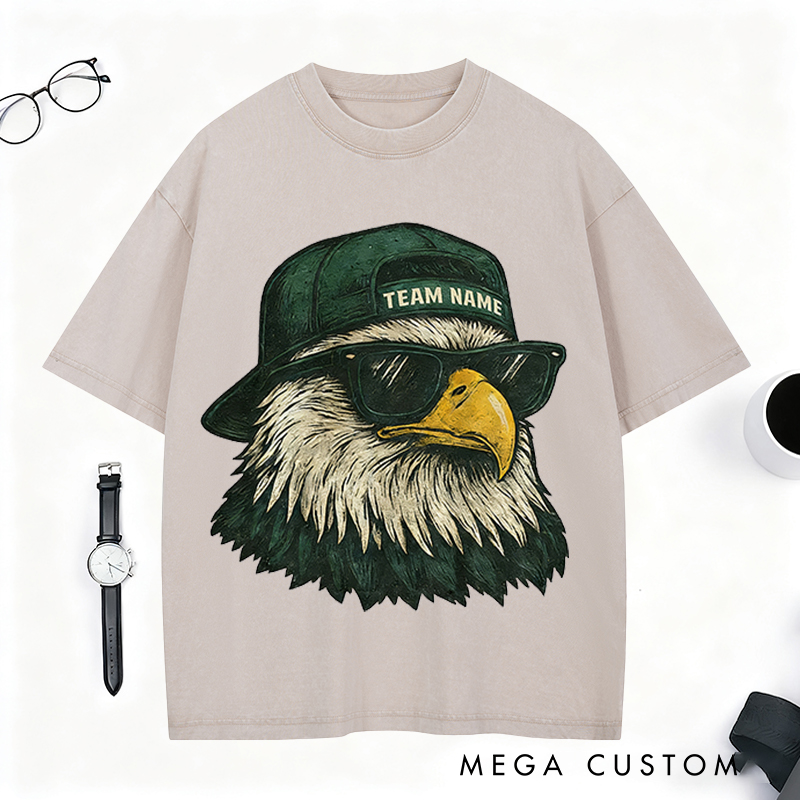 Personalized Football Mascot Washed T-Shirt with Cool Eagle Design and Custom Team Name