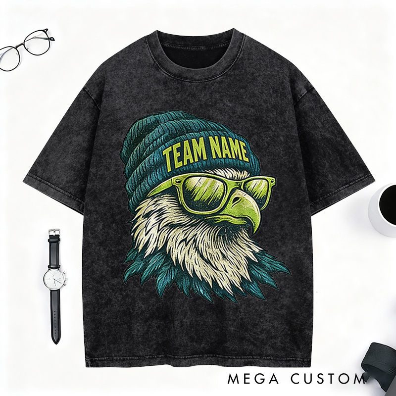 Personalized Football Mascot Washed T-Shirt with Beanie-Wearing Eagle and Custom Team Name for Football Enthusiasts