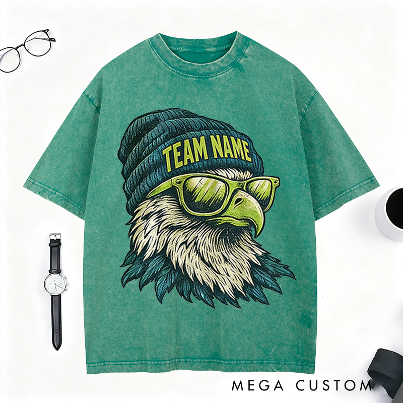 Personalized Football Mascot Washed T-Shirt with Beanie-Wearing Eagle and Custom Team Name for Football Enthusiasts